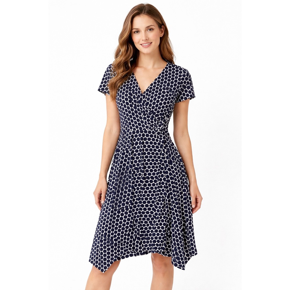 Tacera Navy Blue Polka Dot Handkerchief Hem Wrap Dress 10740DT Womens Small